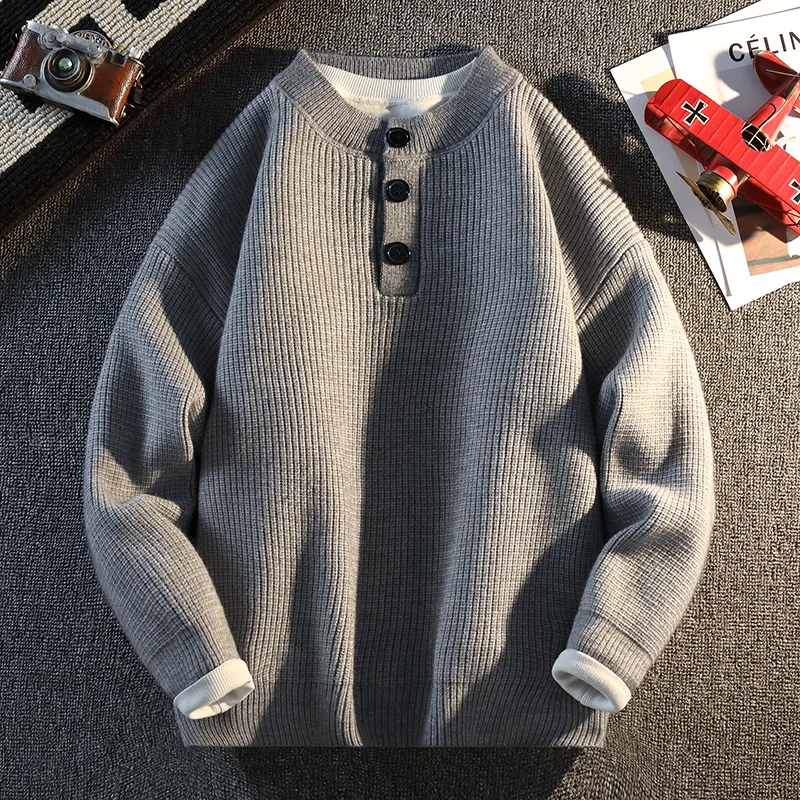 

Men's Minimalist Henley Neck Knitted Sweater Solid Color Casual Autumn Winter Basic Pullover Male Knitwear