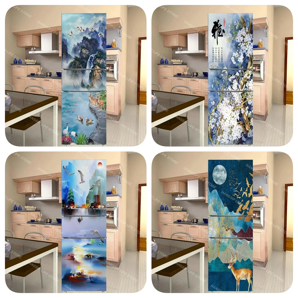 Chinese Ink Art Refrigerator Stickers Self Adhesive Waterproof Anti Scratch Fridge Door Cover for Home Interior Decoration