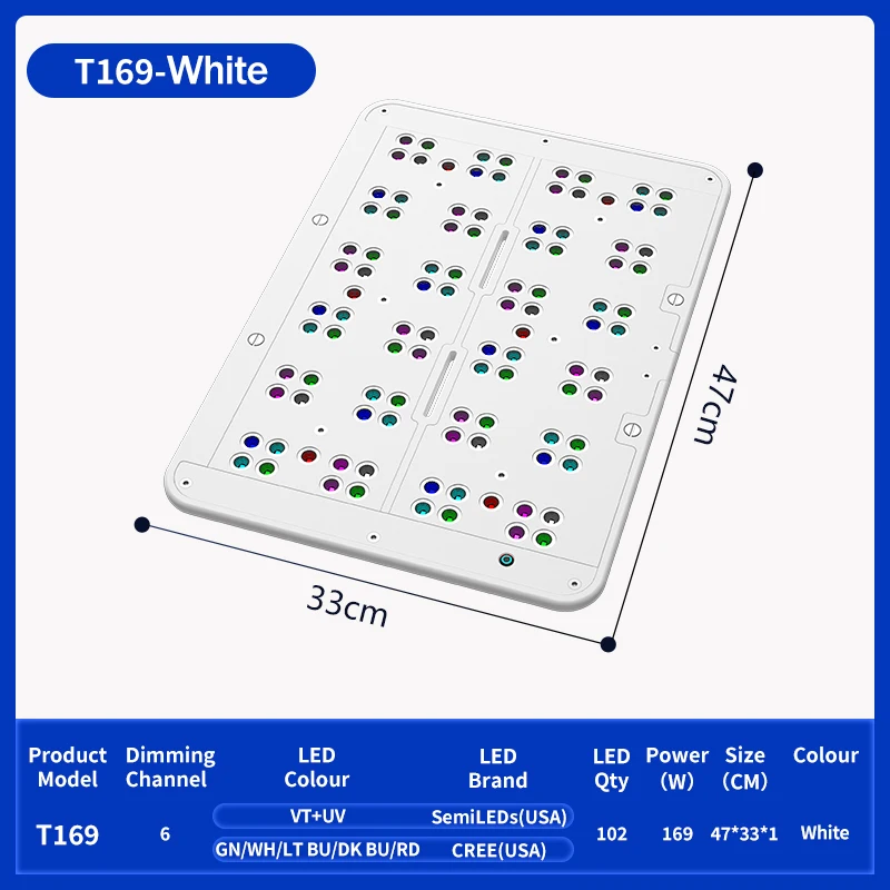 T169 Full Coverage 169W Flat Panel Reef Coral Light CREE Beads Aluminum Body Meanwell Power Supply