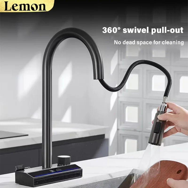Juego de grifería de fregadero de cocina gris bronce de latón, cuenco individual con grifo de cascada de lluvia con mosca, pantalla Digital, grifo mezclador de baño moderno