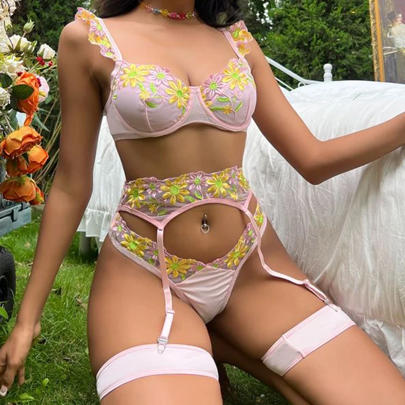 ECTOOKO Pink 3-Piece Sexy Lingerie Sets with Stockings Floral Embroidery Fancy Underwear Exotic  Ruffled Intimate Fairy Outfits