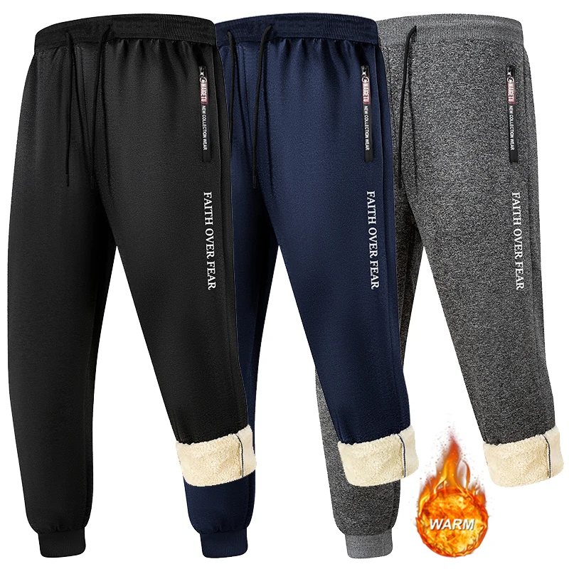 

Letter Print Plush Lined Jogger Pants for Men Winter Thermal Sherpa Fleece Sweatpants Casual Cozy Trousers with Zipper Pockets