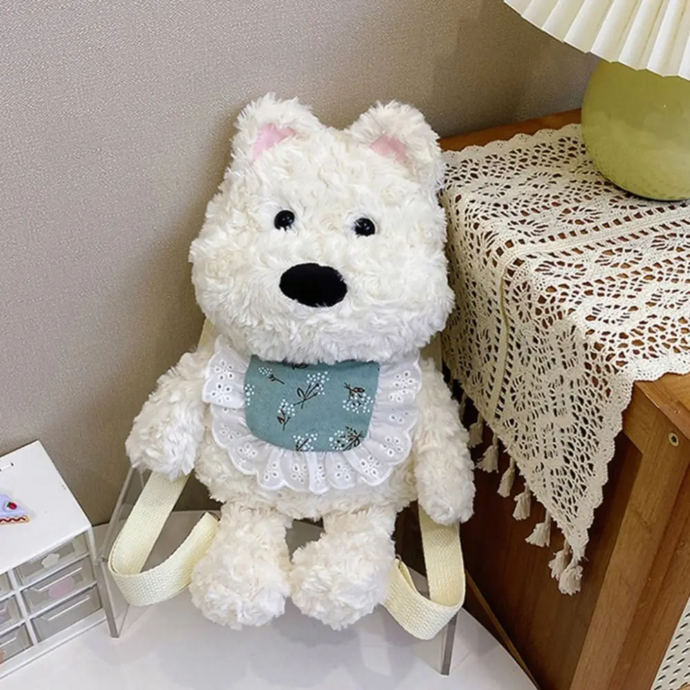 

PP Cotton Westie Dog Plush Backpack Shoulder Bag Collection Plushie Doll Fur Bag Portable Fluffy Stuffed Running Dog Knapsack