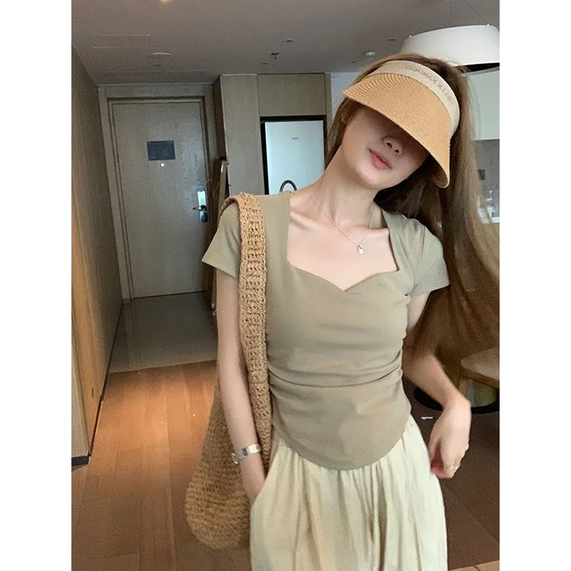 Pure Cotton Pleated Heart-neck Short-sleeved T-shirt for Women Summer New Slim Solid Color Clavicle Top