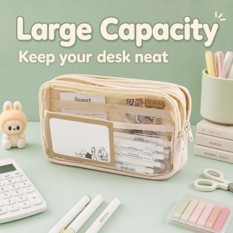 Pen Bag Portable PU Leather+PVC Large Capacity Transparent Pencil Case Five-Layer Stationery Student Gift Multifunction Storage
