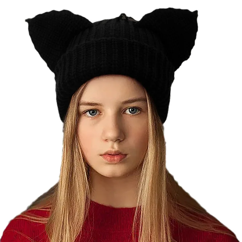 

Adult Bestseller Thickened all-acrylic Knitted Hat Hugger Toque Cap Stocking Head Watch Devil Ears Outdoor Women 8M29