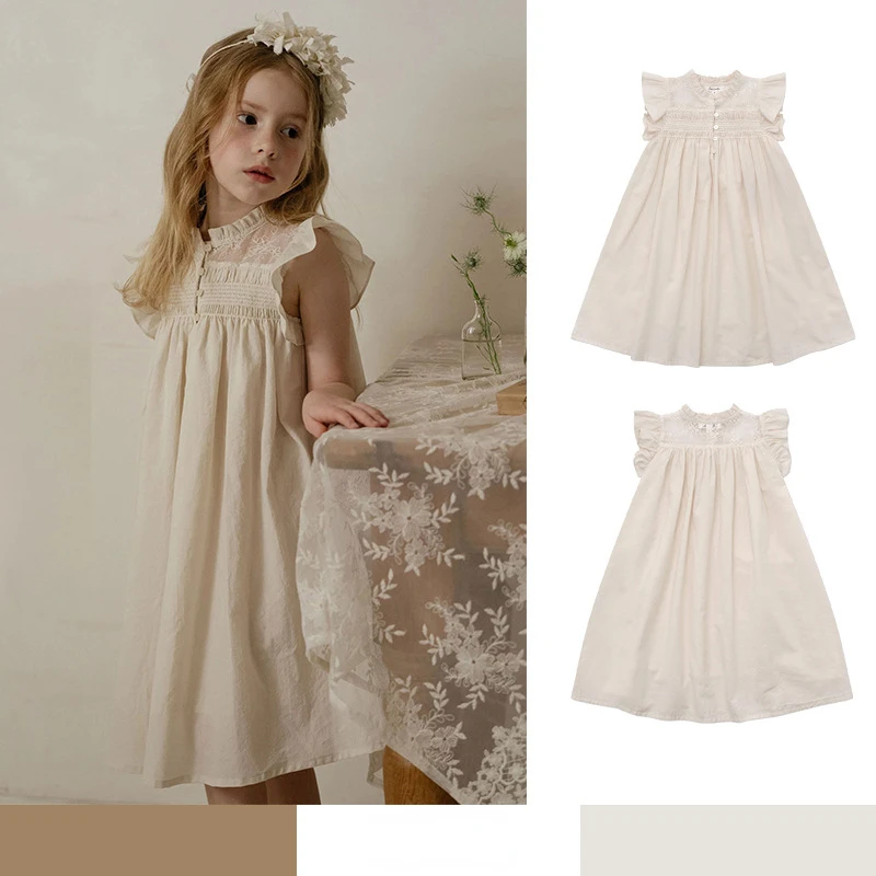 

Children's Dress 2024ins Style Spring Summer Girls Olive Small Flying Sleeve A-Line Skirt Kids Audley Dress Cotton Spot