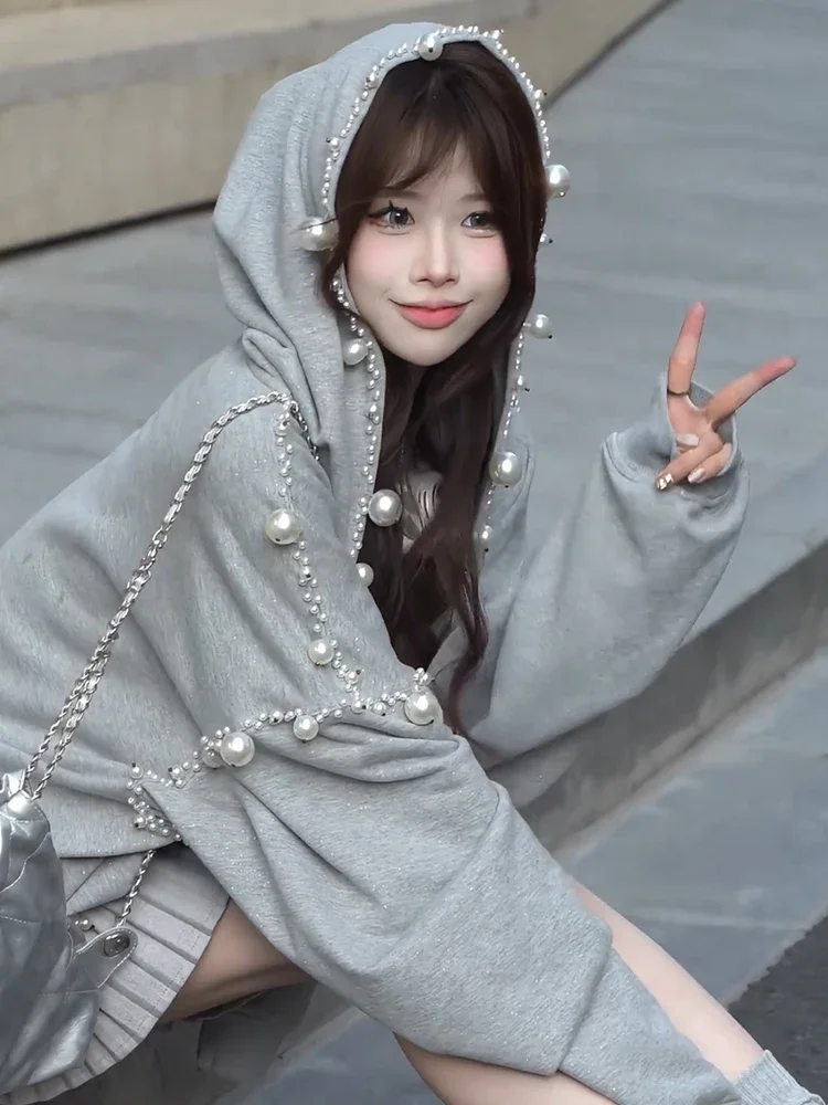 Grey Pearl Bead Sweatshirts Women's 2024 Early Autumn New Loose Casual Long Sleeve Hooded Trendy Tops Feminine Zipper Hoodies
