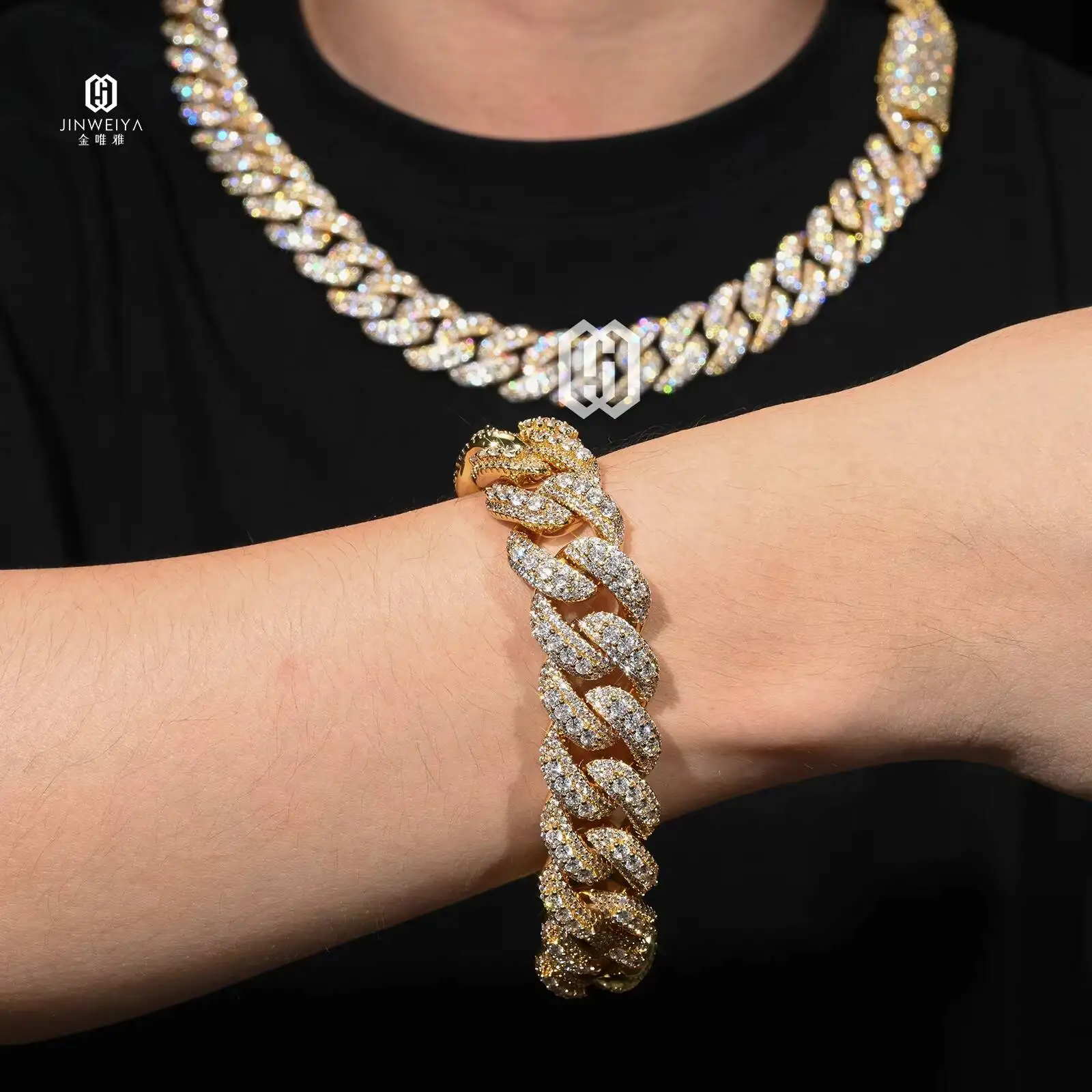 Fashion 18MM Gold Plated Brass VVS Moissanite Iced Out Cuban Link Chain Hip Hop Necklace for Men..