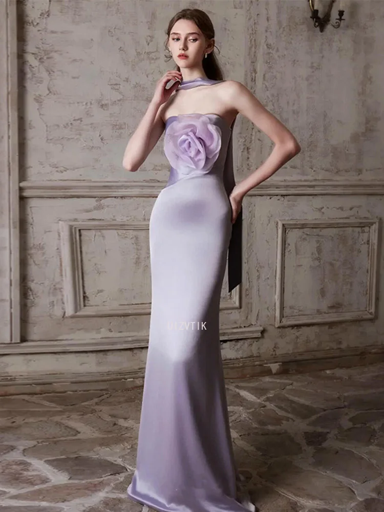 

Strapless Prom Evening Dresses Lavender Mermaid Sweetheart 3D Flower Sleeveless Party Dress Satin 2025 Customized robe de soirée