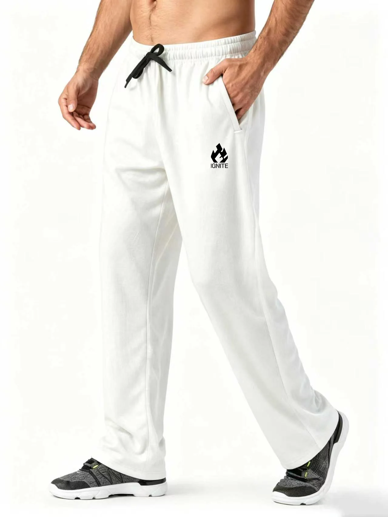 Men's Quick‑Dry Straight Sports Pants, IGNITE Flame Logo Print Drawstring Sweatpants, Zip Side Pockets Gym Running Casual Trouse