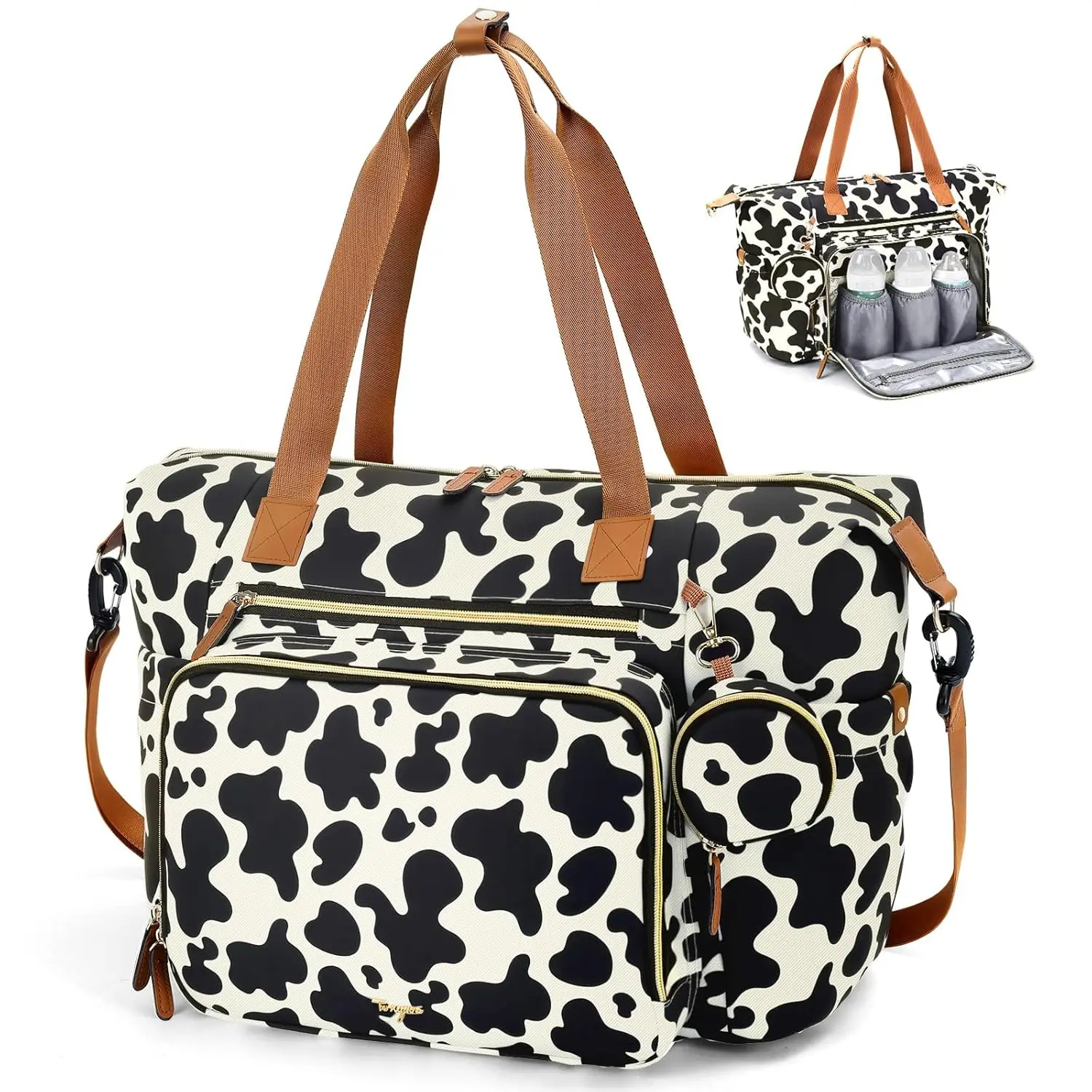 

Large Cow Print Diaper Bag Tote with Changing Pad and Pacifier Case for Travel and Hospital Use