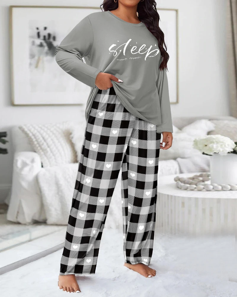 

2 Pieces Letter Print Round Neck Long Sleeve Top and Plaid Print Loose Fit Pants Set