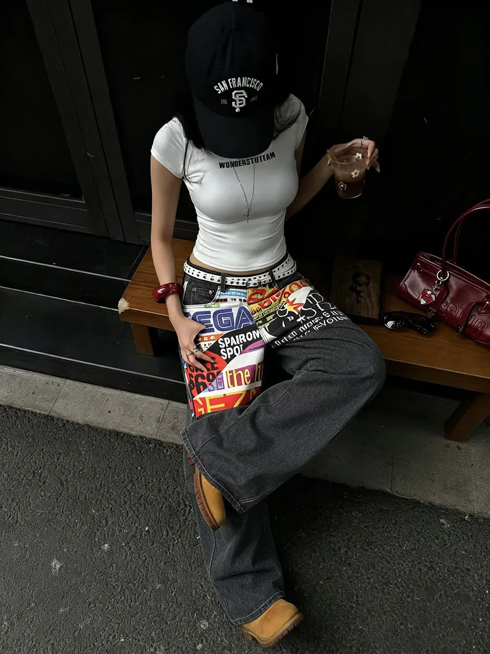 Trend Letter Pattern Jeans Retro Style Wide Leg Pants Casual Denim Woman Trousers High Waist Long Pants Solid Color Jeans