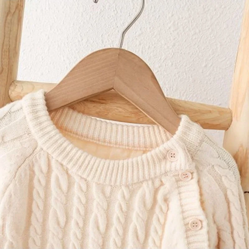 Christmas New Year Warm Cable Knit Baby Romper Solid Color Round Neck Side Buttons Unisex Toddler Crawling Suit Outerwear