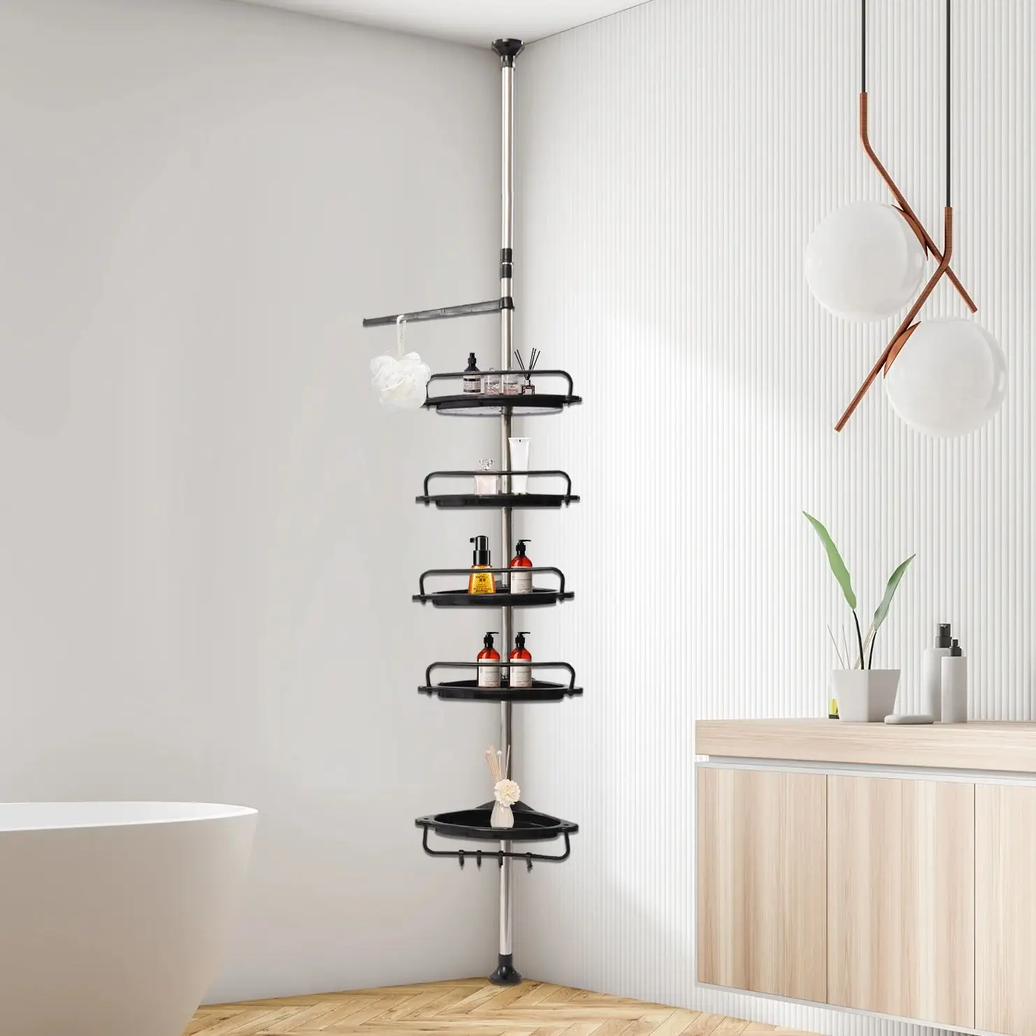 Rustproof Shower Corner for Bathroom Bathtub Storage Organizer For Shampoo Accessories 5-Tier Adjustable Shelves with Tension