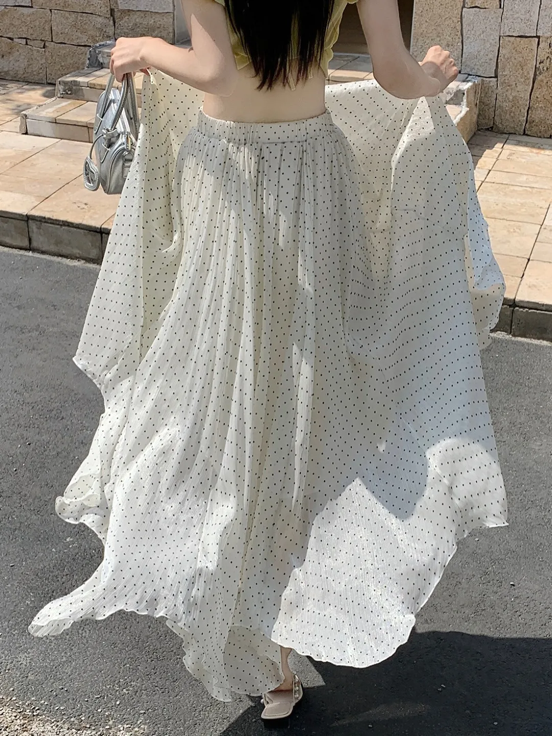 

Summer Polka Dot Shiny Chiffon Half Skirt Women's Small Size Draped Umbrella Long Skirt Gauzy Skirt Asymmetrical Hemline