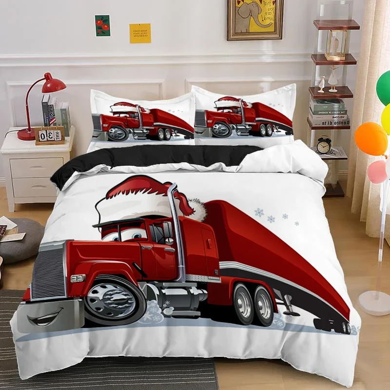 Christmas Truck King Queen Duvet Cover Red Cartoon Gift Car Bedding Set Kid Boy Girl Happy New Year 2/3pcs Polyester Quilt Cover