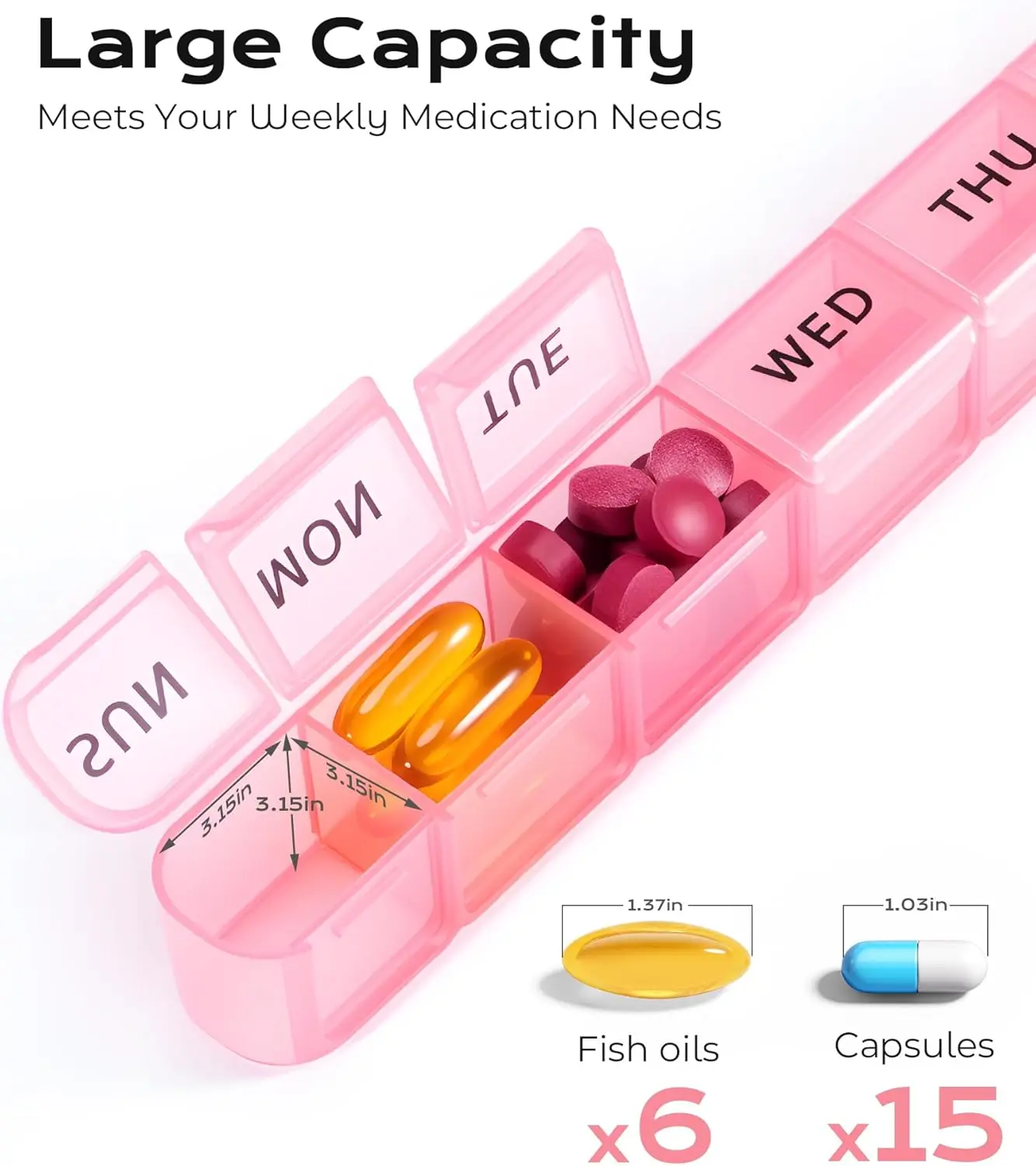 Daviky Weekly Pill Organizer, Large 7 Day Pill Box, Travel Pill Case, Daily Pill Dispenser for Vitamins, Medicines, Supplements