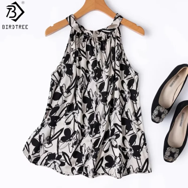 

Майка-топ Birdtree из 93% шелка и 7% спандекса с принтом, на бретельках через шею, женская однотонная атласная безрукавка, новинка лета 2026 T64514JF