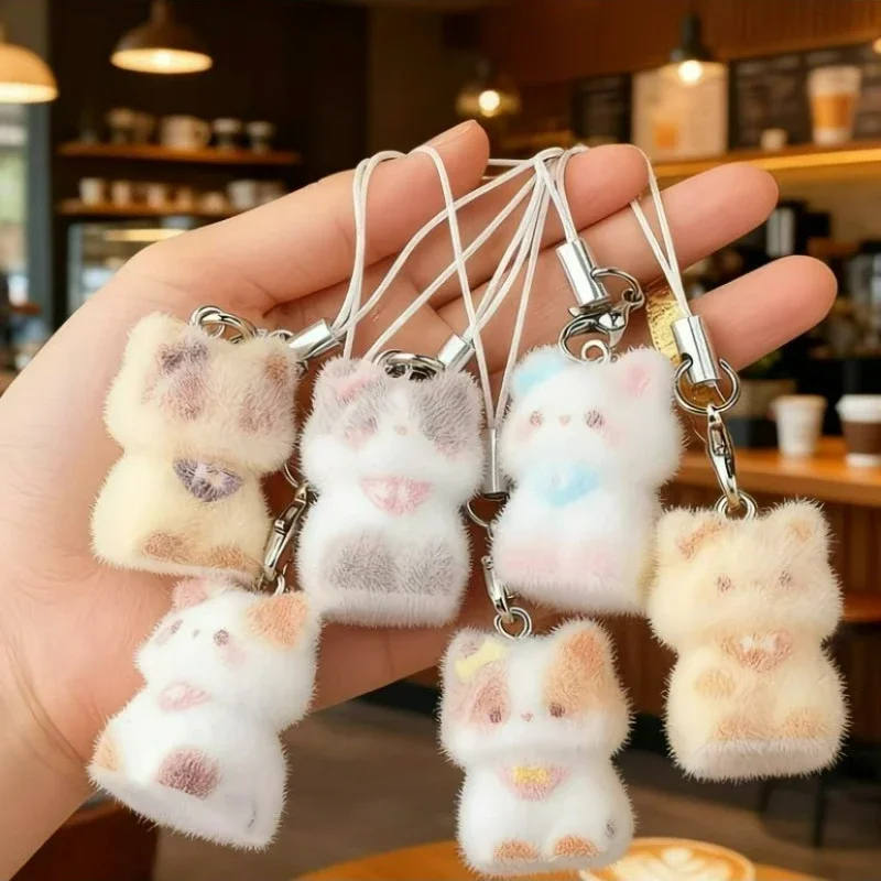 1/10Pcs Cute Kitten Keychain Kawaii Cat Bag Charm Flocking Pendant Resin Key Ring Backpack Hanging Ornament Phone Strap Portable