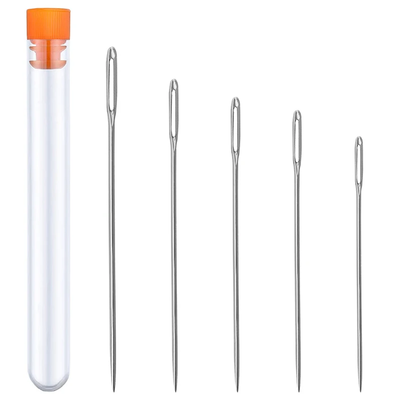 LMDZ 5PCS 5 Size Large Eye Stitching Long Needles Kit with Needle Storage Tube 3.5inch to 6.8inch Hand Sewing Needles for Sewing