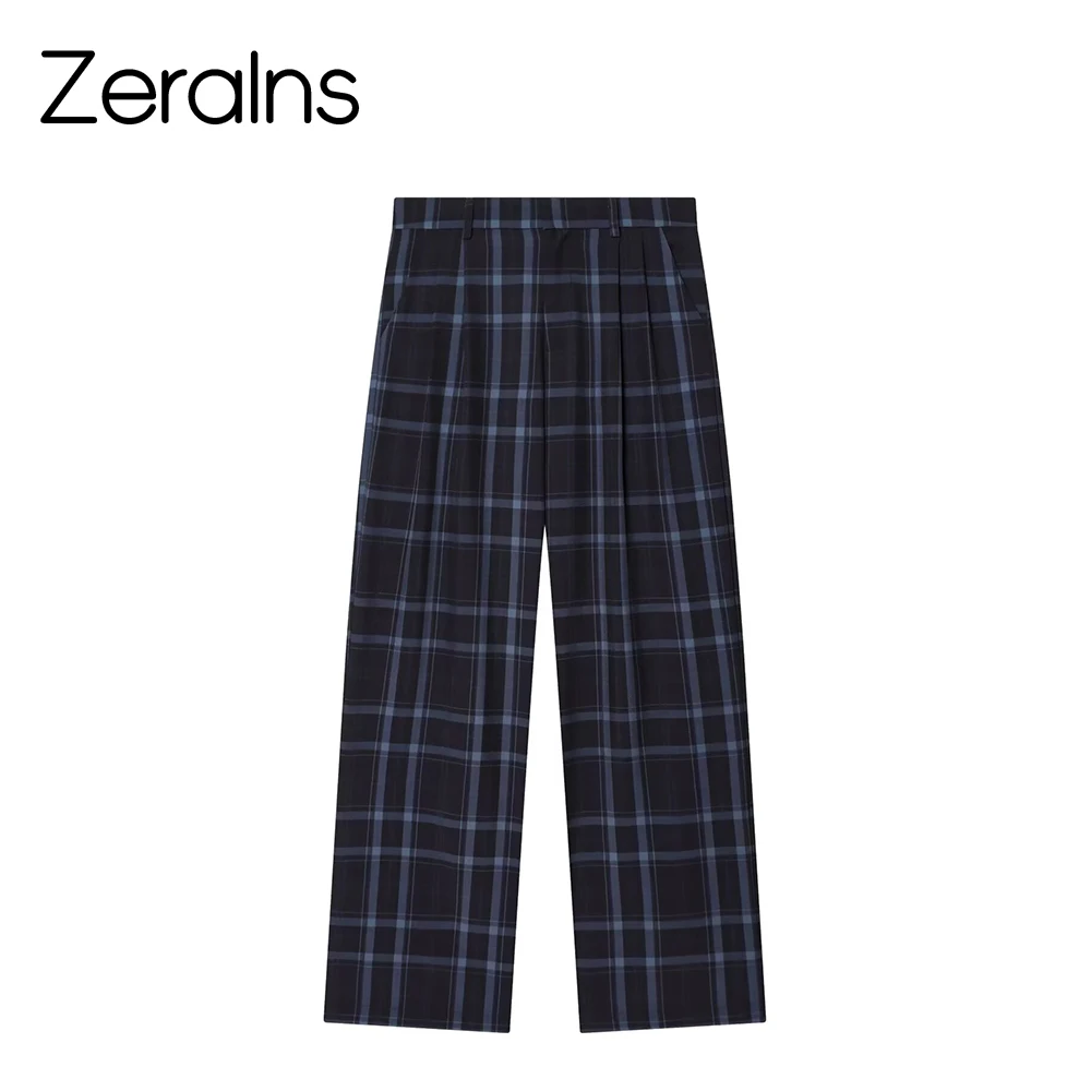 ZERAINS 26 summer new women's casual style pocket trimmed straight leg version long mid waist checkered wide leg pants
