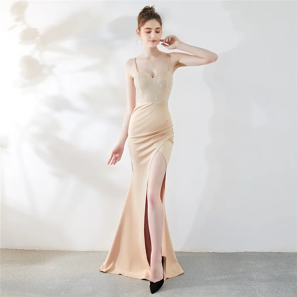 Women Sexy Strap Dress High Slit Evening Party Wear Crystal Dress