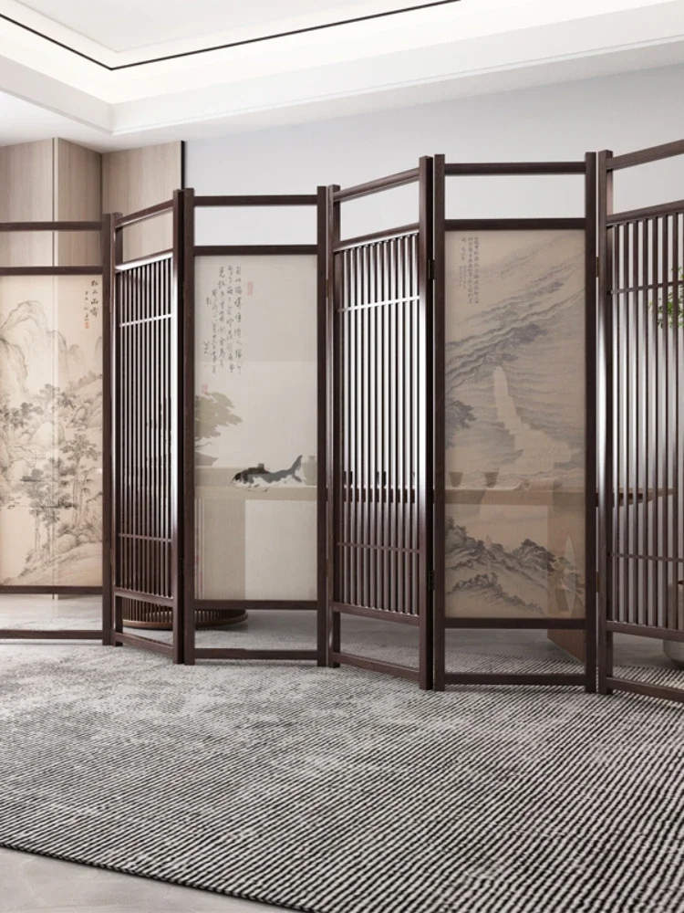 Chinese ancient painting landscape screen partition wall folding mobile living room hotel yarn painting interval solid wood fenc