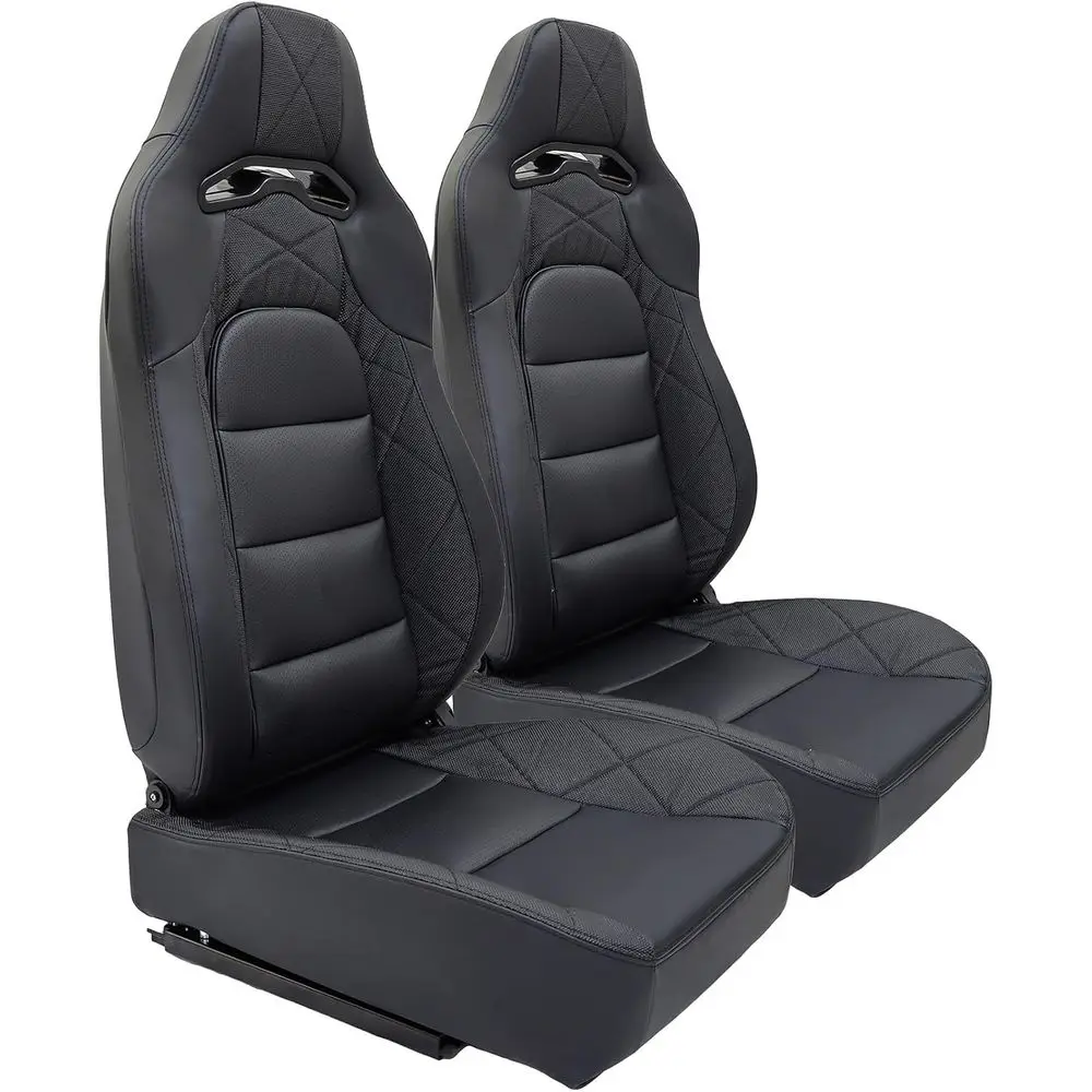 Adjustable Racing Bucket Seats with PU Leather and Sliders, 2-Pack (Black)