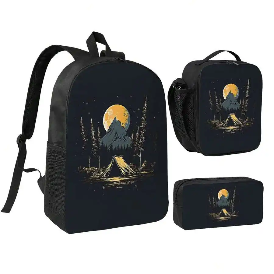 

Camping Forest Illustration Unisex Printed Backpack Pencil Case Lunch Bag 3pcs Set Large Capacity Travel Outdoor