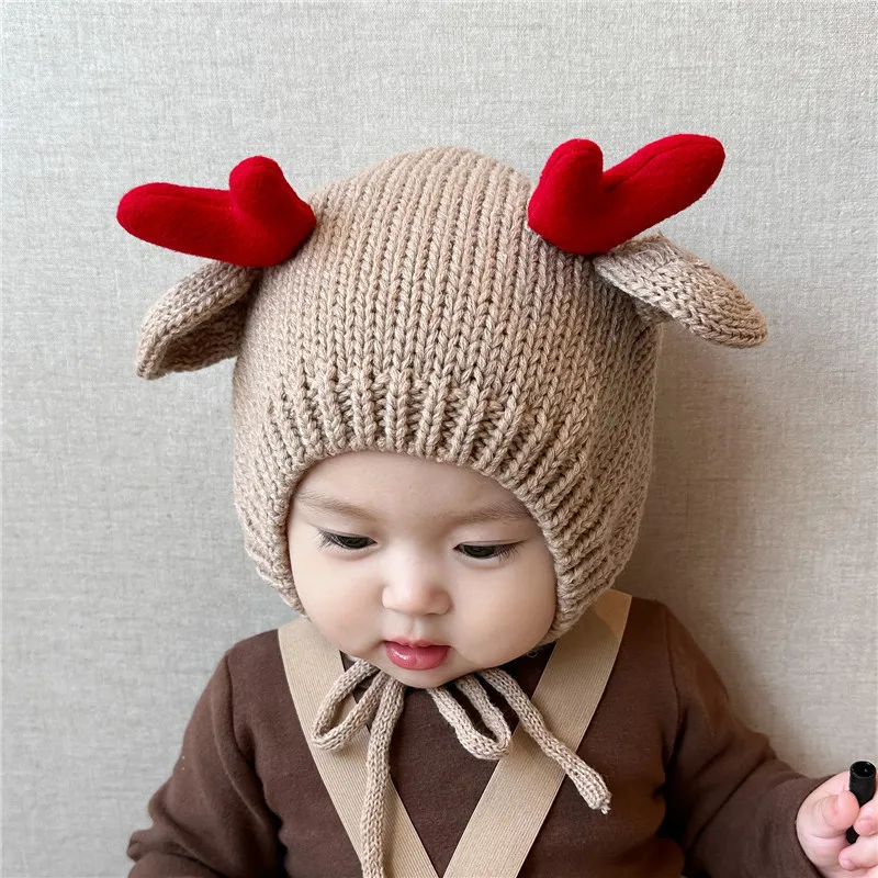 

Kid's Beanie Baby Children Cap Autumn Winter Cute Antlers Knit Windproof Hat Boys Girls Baby Small Skull Caps Hot