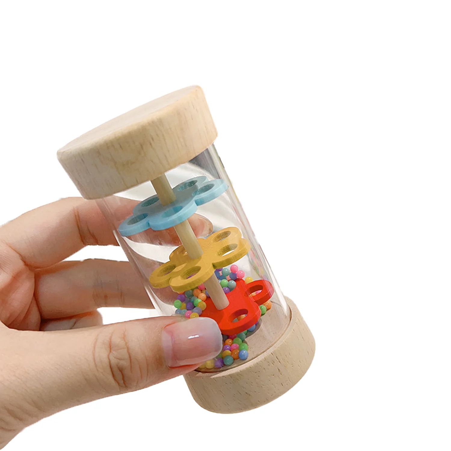 Cute rain sound tube toy, wooden Orff instrument rainbow hourglass rain sound tube, puzzle early education music toy