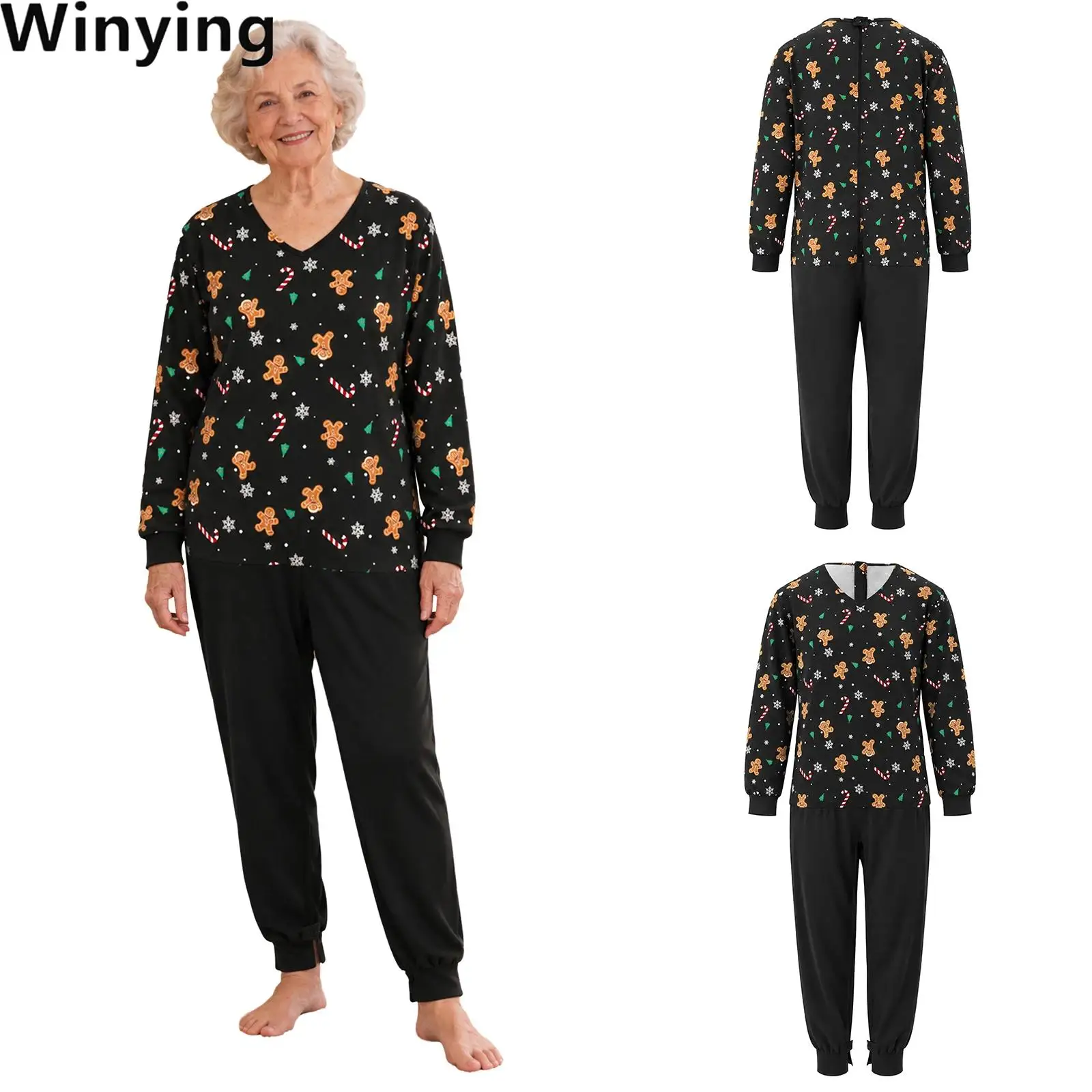 Men Women Anti-strip Nursing Jumpsuit V-neck Long Sleeve Zipper Back Crotch Christmas Print Patchwork Nightwear