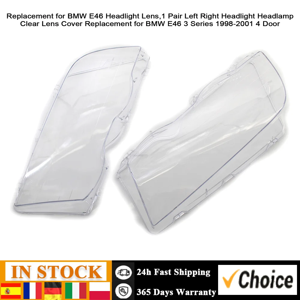 1 Pair Left Right Headlight Headlamp Clear Lens Cover Replacement for BMW E46 3 Series 1998-2001 4 Door