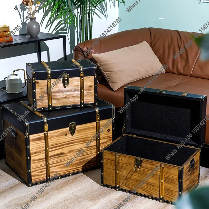 Retro solid wood Treasure box Storage wooden large with lock Old Treasure box Vintage storage decorative props Wooden box