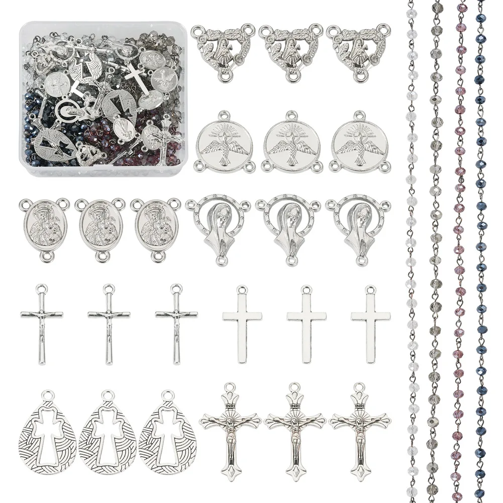 

DIY Rosary Bead Necklace Making Kit Glass Beaded Chains Cross & Virgin Mary & Heart Alloy Chandelier Component Links & Pendant