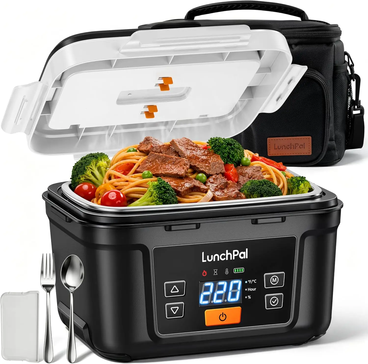 Cordless Heated Lunch Box 220°F, 13500mAh Battery, 5-Side Heating, 1.4L, Auto Schedule, for Work & Outdoor