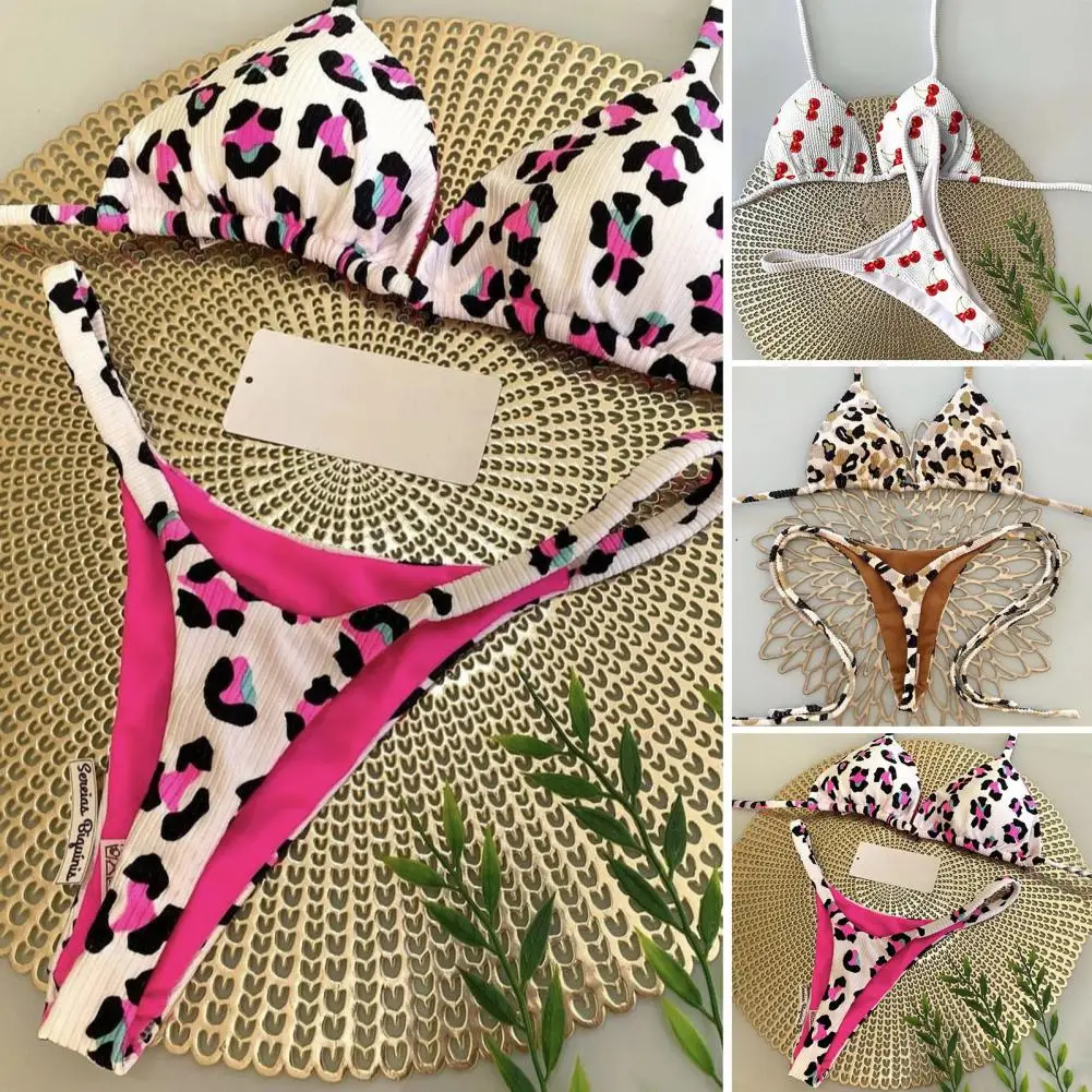 Leopard Print Bikini Set Leopard Print Halter Bra High Waist Lace-up Thong Bikini Set Cherry Print Brazilian Thong Swimsuit Two