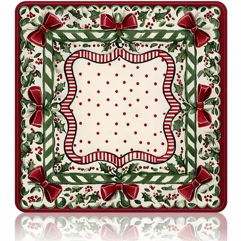 VIKAMA Christmas Holly Berry Bow Mahjong Table Cover Red Green Candy Stripe Square Game Mat Xmas Holiday Party Decor
