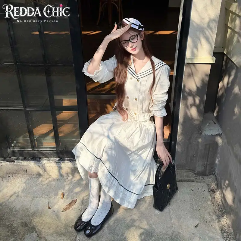 ReddaChic Cute Sailor Collar Top Skirt Women Matching Set Preppy Puff Long Sleeve Crop Shirt Midi Long Skirt Causal Fall Clothes