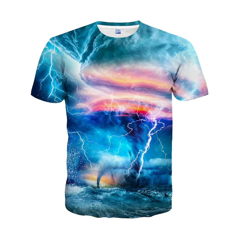 

Men's 3D Stormy Sky Print T-shirt, Lightning, Clouds, Dramatic Sunset, Power of Nature Design, Bold and Eye-Catching Fashion, Pe