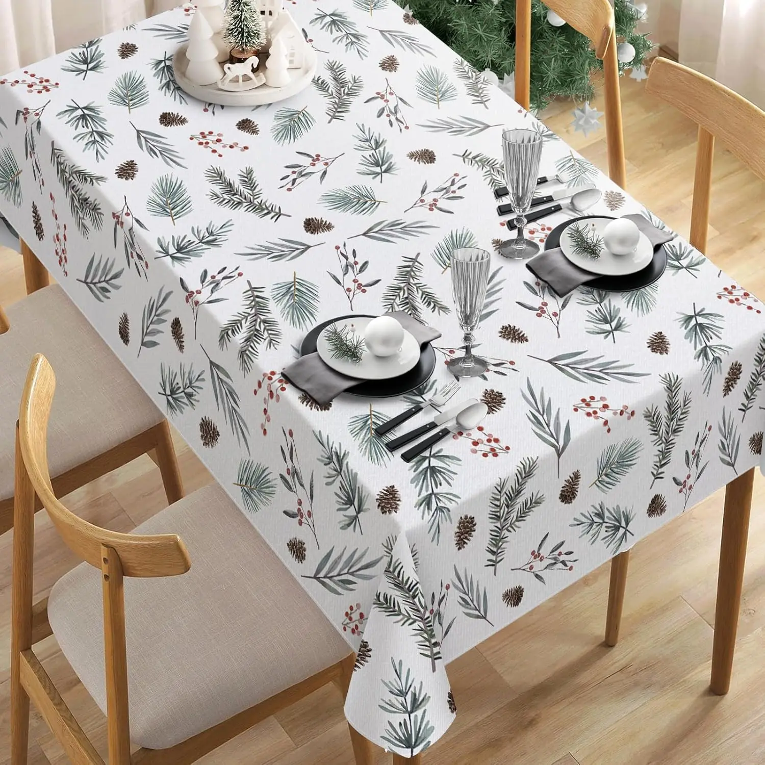 Christmas Pine Needle Holly Waterproof Tablecloth Table Decor Winter Holiday Kitchen Dining Tablecloth Christmas Decorations