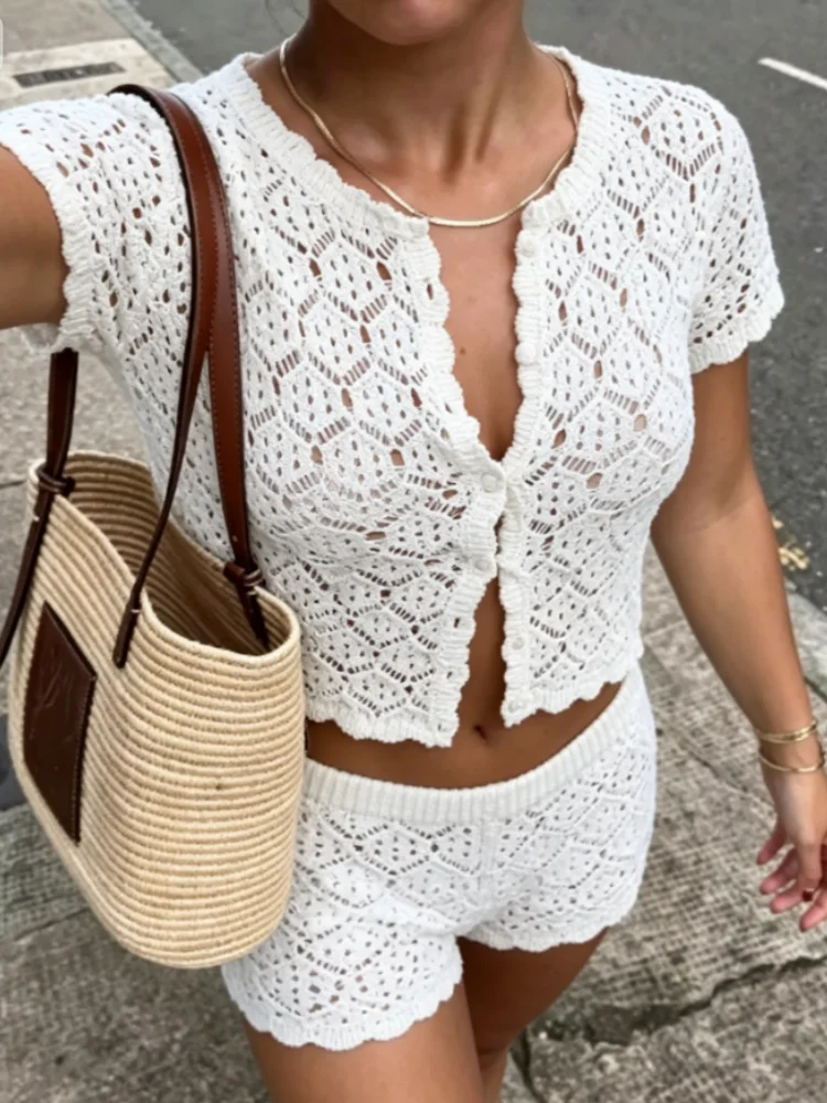 Stylish White Crochet Two Piece Set Short Sleeve Button Up Top Shorts Scalloped Trim Beach Cover Up Set For Women Vacation Wear