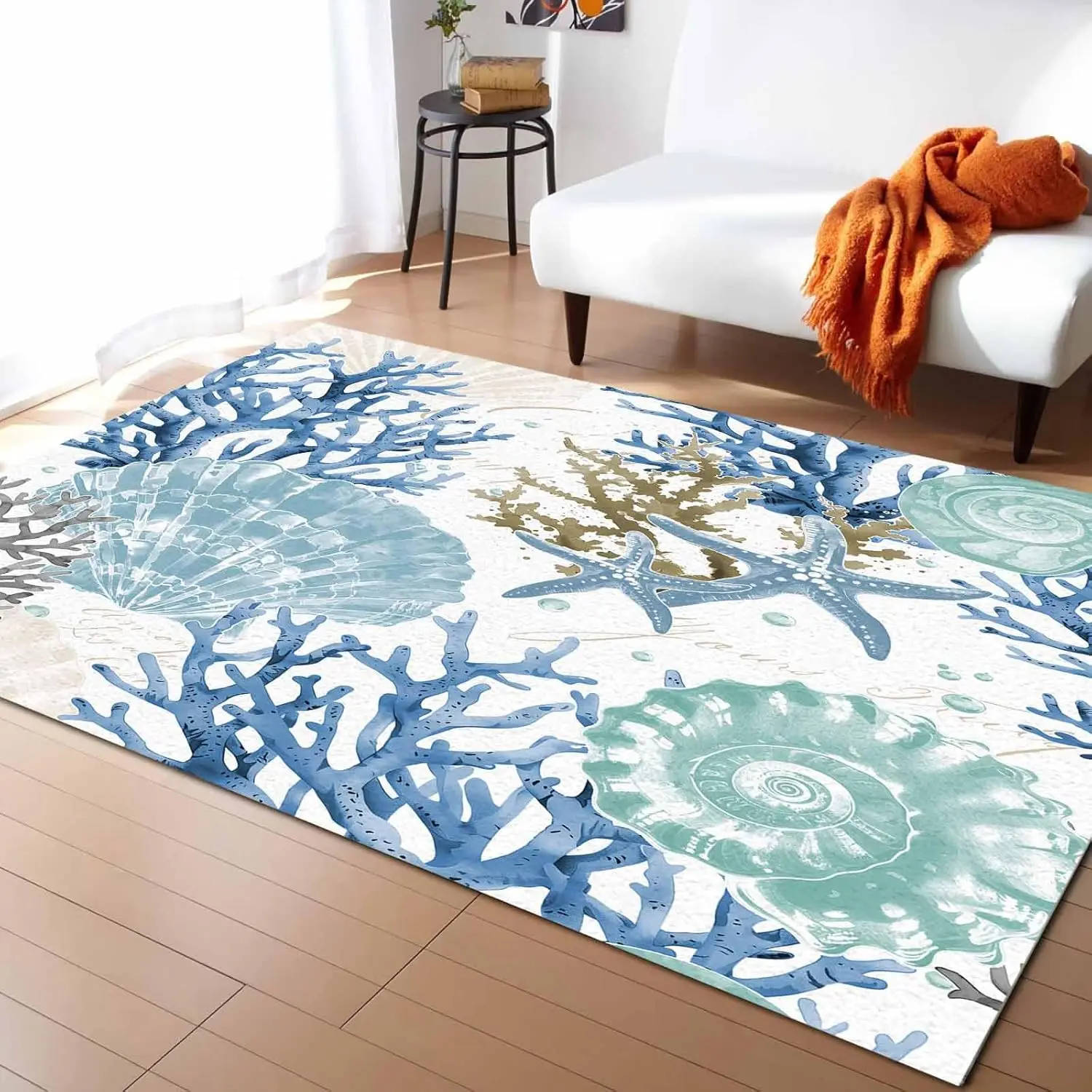 

Летние моющиеся моющиеся коврики в виде ракушки морской звезды, коралловые акварельные синие океанские нескользящие коврики для гостиной, спальни, с низким ворсом