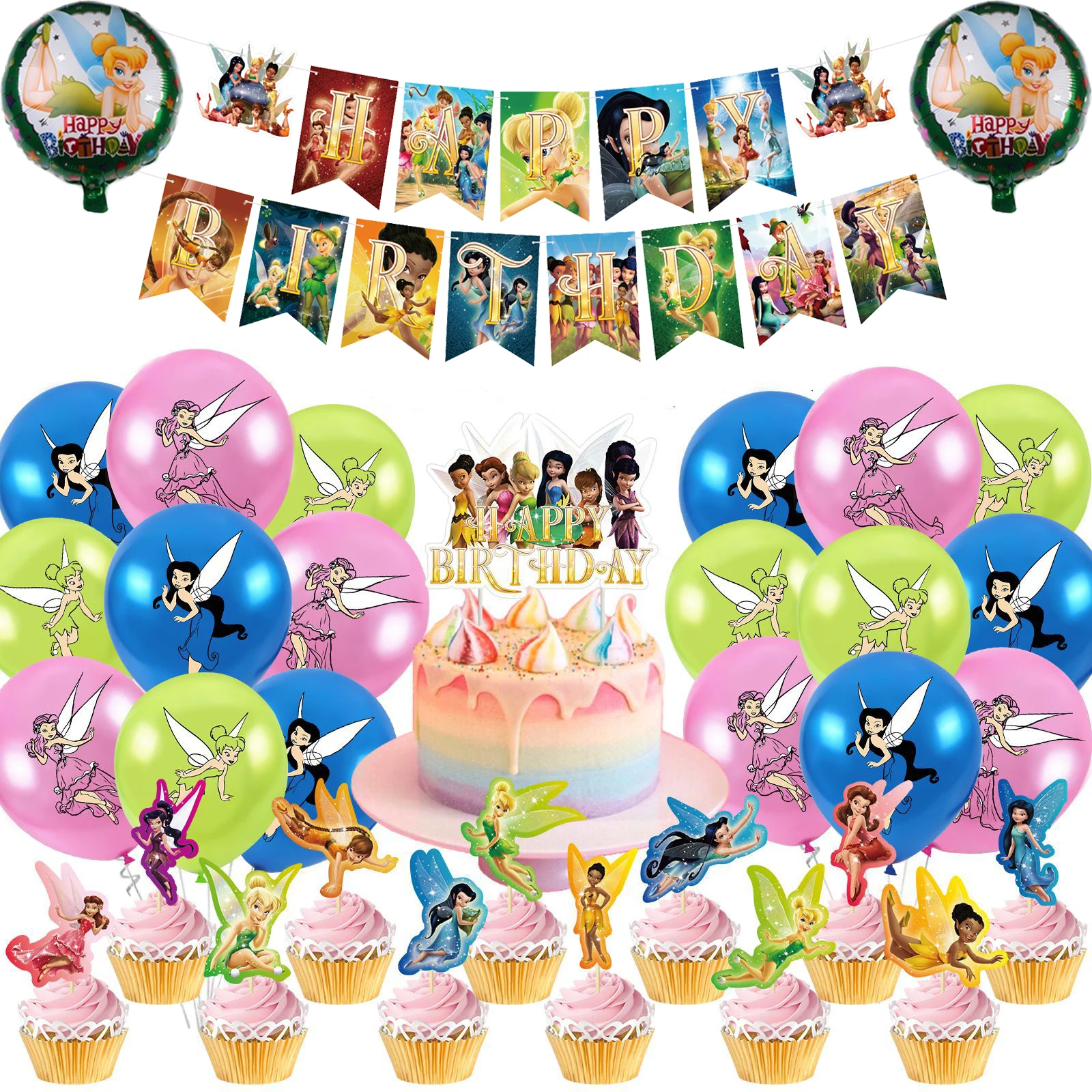تينكر بيل خرافية احباط بالونات بيكسي اللاتكس بالون عيد ميلاد سعيد راية زينات الحفلات كعكة القبعات العالية تينكربيل هدية الفتيات