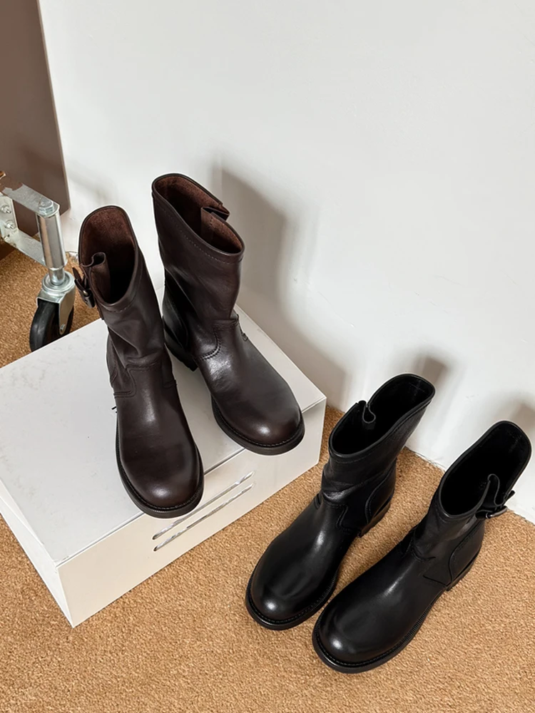 

Faionable Water-Dyed Top-Layer Cowhide Comfortable Retro Chunky Heel Women's Mid-Calf Boots Korean Sle Winter Warm...