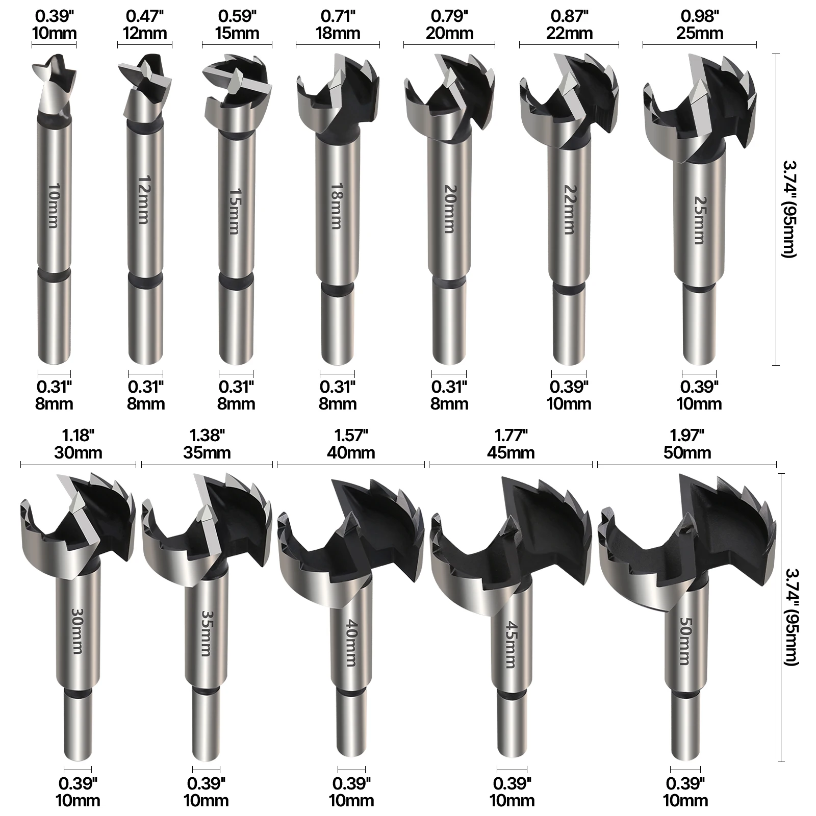 Versery 12Pcs/Set 10-50mm Forstner Woodworking Tools Hole Saw Hinge Boring Drill Bits Round Shank High Carbon Steel Cutter