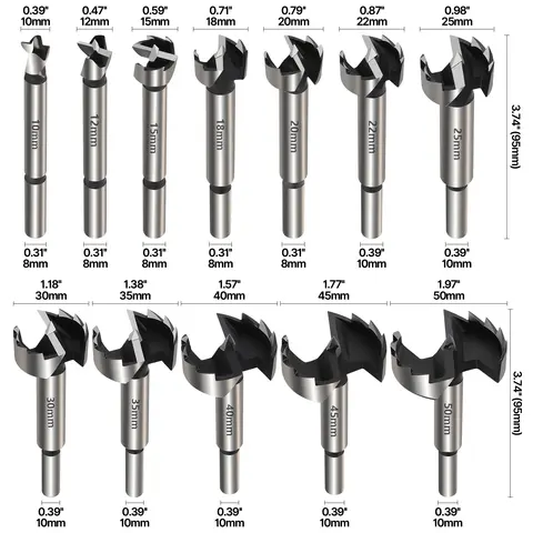 Versery Forstner 목공 도구 구멍 톱 힌지 보링 드릴 비트, 라운드 생크 고탄소강 커터, 10-50mm, 12 개/세트