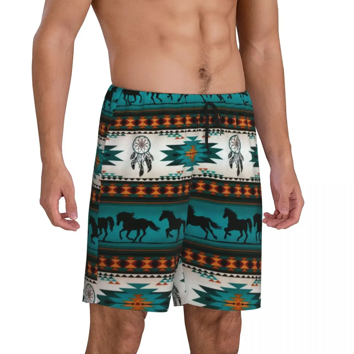 Custom Print Men Navajo Aztec Tribal Horse Pattern Pajama Bottoms Sleepwear Pjs Sleep Shorts with Pockets